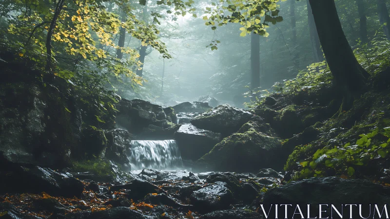 Misty Forest Waterfall Cascading Through Ancient Woods