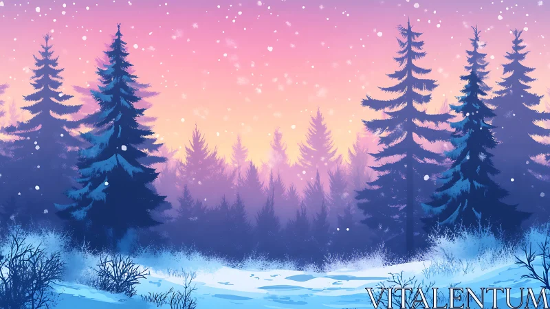 Snowy evergreen forest under soft pink winter sunset.