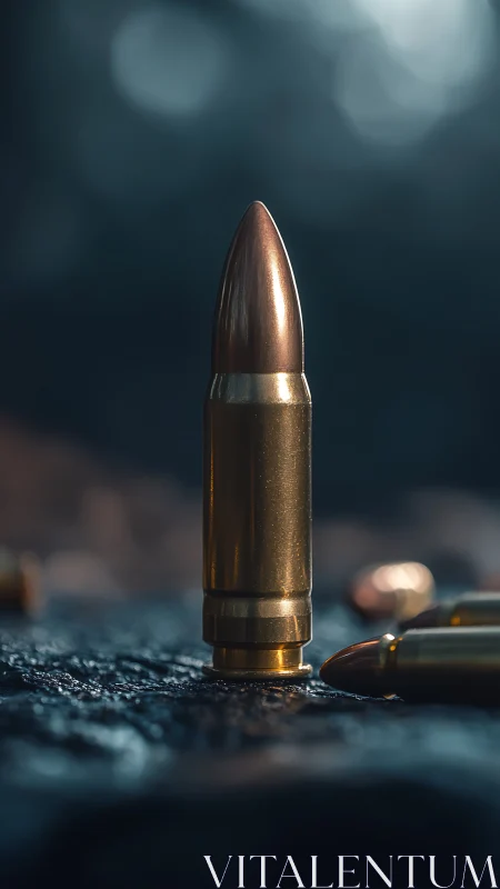 Lone brass bullet stands upright in dramatic moody light.