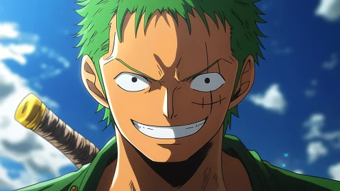 Sword-grinning green-haired warrior under storm-bright skies.