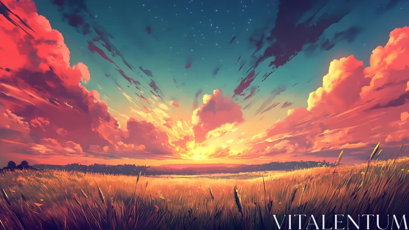 Sunset explodes over golden field under vivid cloud sky