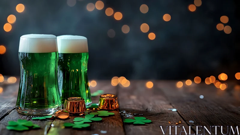 Two green beer glasses stand on rustic wood amid bokeh lights