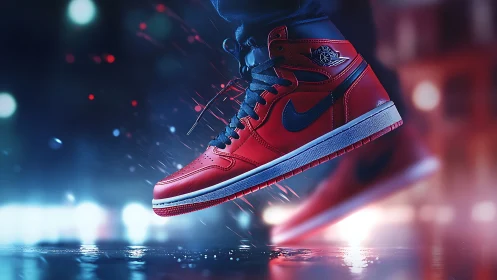Bold red sneakers glowing against a moody city night.