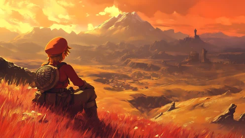 Sunset wanderer enjoys a vast golden valley of adventure