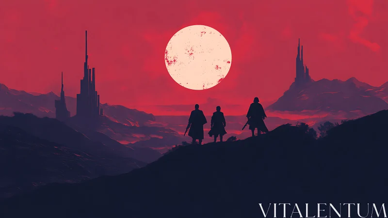 Triad of travelers under scarlet alien sun and spire citadels.