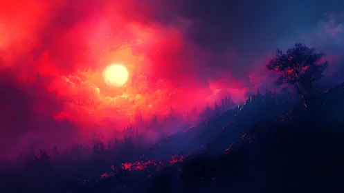 Landscape rendering with solar disk luminescence at horizon