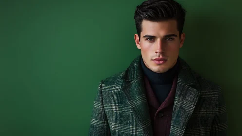 Man in layered winter coat poses against solid green background