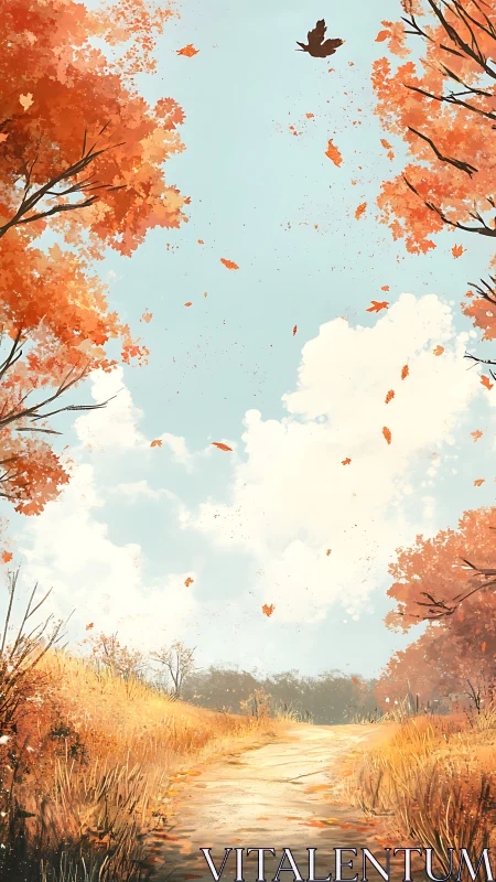 Crimson autumn trees framing a sunlit country path scene.