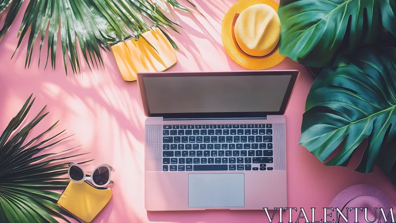 Laptop workspace with tropical leaves and summer accessories.