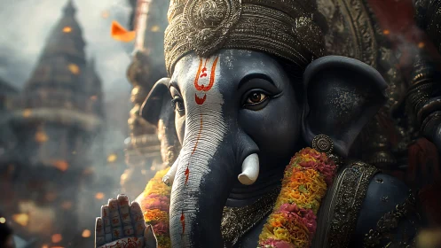 Ganesh statue close-up shows ornate detail and garlands