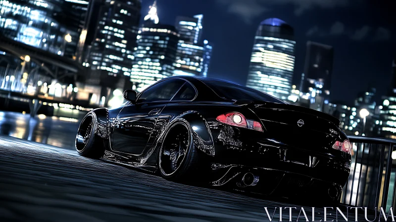 Midnight widebody coupe under high-contrast urban luminance.