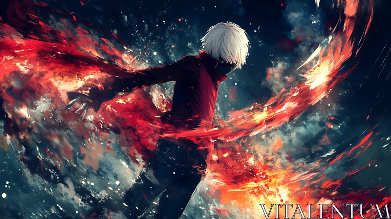 Masked figure with red energy arcs in abstract space.