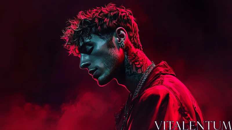 Moody neon portrait of tattooed man in red side profile.