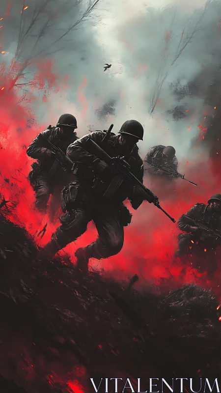 Soldiers advance through burning battlefield under dense smoke