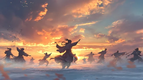 Samurai silhouettes advance through mist under volumetric sunrise sky