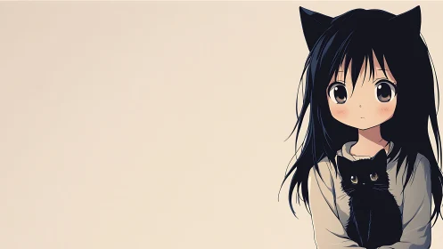 Cat-eared anime girl holding black cat on pale backdrop.