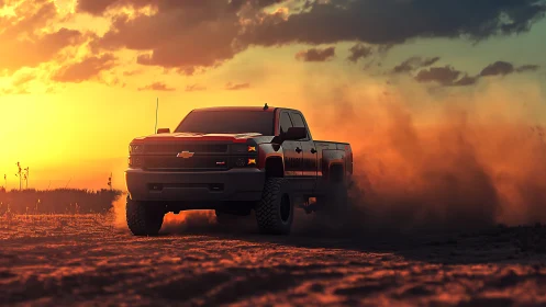 Sunset dust storm crowns the lifted desert pickup king