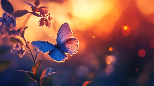 Twilight blue butterfly drifting through molten sunset glow.