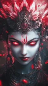 Mythic goddess portrait renders glowing red ocular intensity