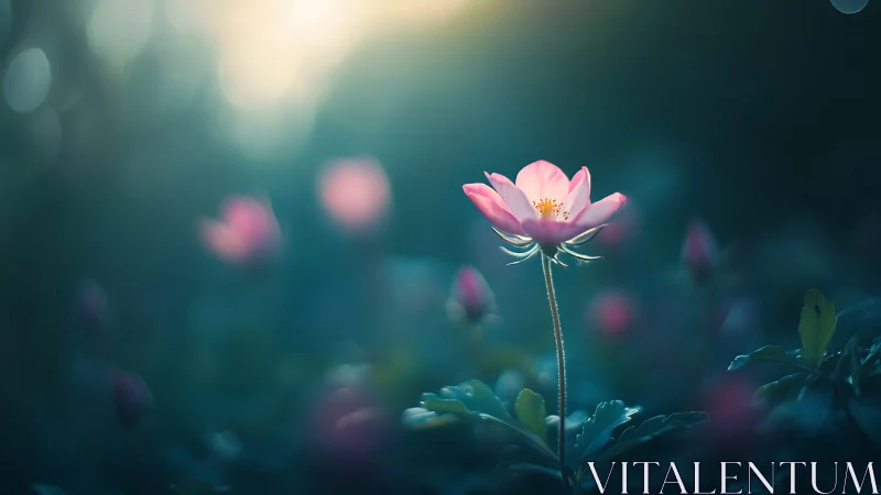 Shallow-depth bokeh rendering of isolated pink lotus with golden stamen in teal environment