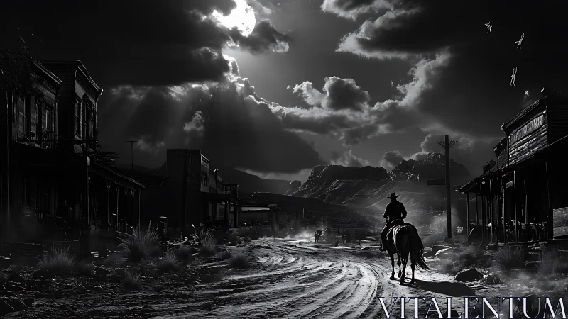 Monochrome cowboy silhouette rides through desolate, backlit frontier street