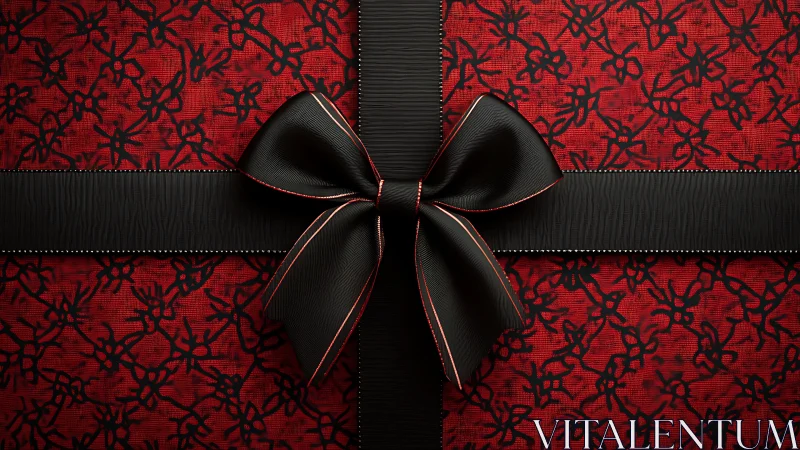 Elegant black bow rests on ornate red floral gift wrap