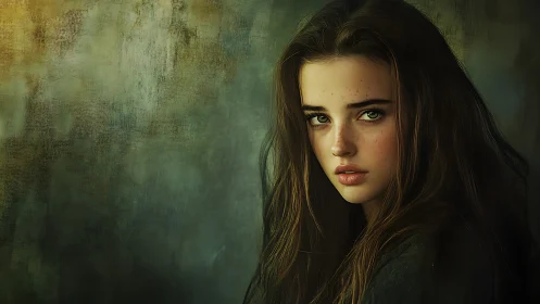 Soft green gaze meets moody light in a quiet painted portrait