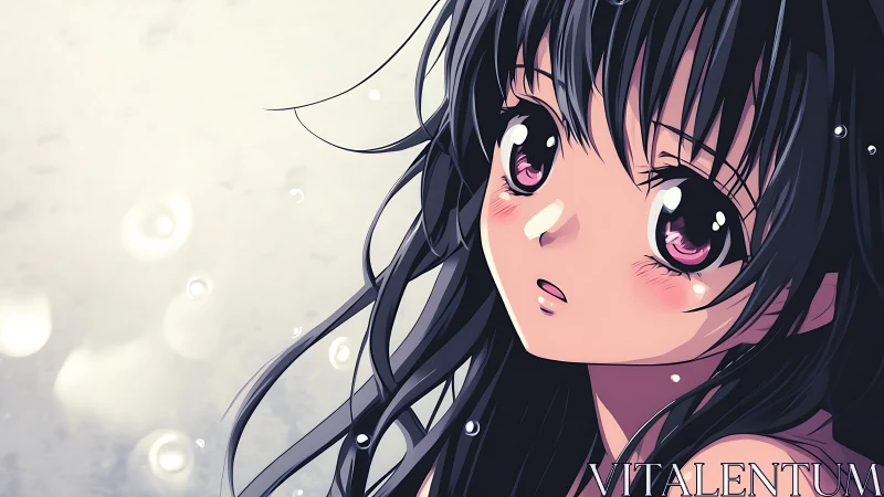 Rain-kissed anime girl with wistful violet eyes gazing upward.