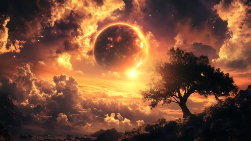 Tree silhouette framed by fiery planet over dense clouds