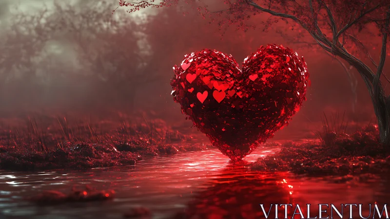 Giant Red Heart Glowing in Misty Forest Stream