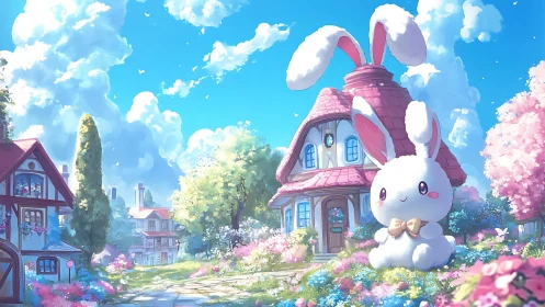 Whimsical bunny-house village in luminous anime spring light.