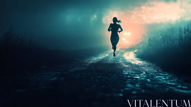 Silhouetted night runner advances toward cinematic backlight