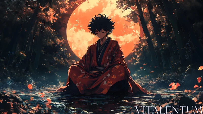Samurai youth meditates under blazing harvest moon.