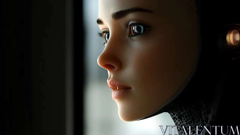 Soft-lit android portrait contemplates an unseen future horizon