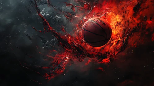 Fiery basketball erupts through swirling dark smoke vortex.