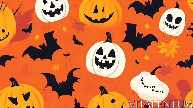 Seamless Halloween jack o lantern and bat pattern on orange