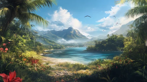 Tropical Paradise Valley with Mountain Peak and Coastal Waters