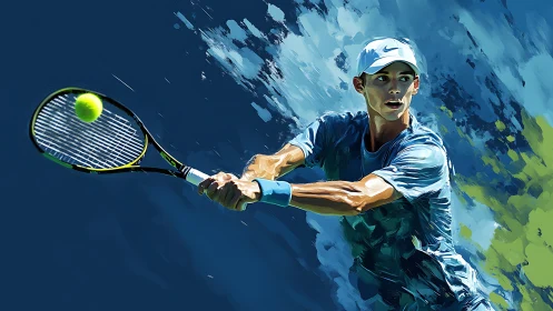 Dynamic tennis player strikes a backhand amid abstract blues