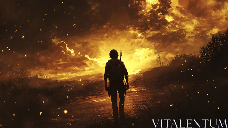 Silhouetted lone figure on rural road under fiery sky.