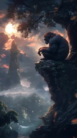 Solitary ape observes misted valley under dramatic backlight