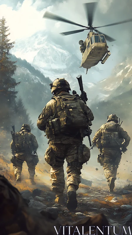 Armed soldiers advance through misty mountain valley.