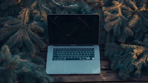 Open MacBook with backlit keyboard centered among dense spruce