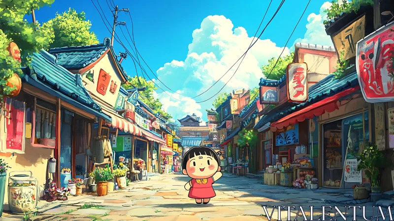 Cheerful cartoon girl explores a sunny, colorful street market.