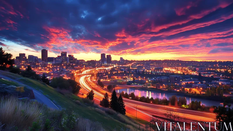 Glowing city skyline embraced by a vivid, fiery sunset sky.