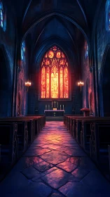 Sunlit cathedral aisle glowing with stained glass warmth.