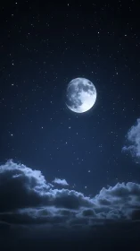 Moonlit night sky with scattered stars and low cloud layer.