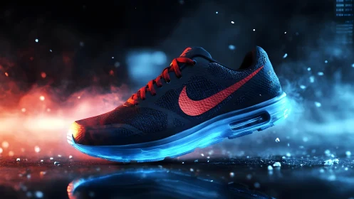 Futuristic running shoe with glowing sole in dynamic digital art.