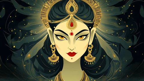 Divine goddess portrait with golden crown and fierce gaze.