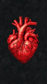 Anatomical Heart Illustration: Red Vascular System with Arterial Branching Architecture