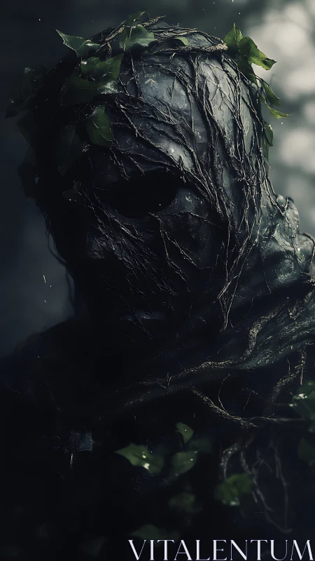 Forest shrouded figure entwined with dark roots and ivy.